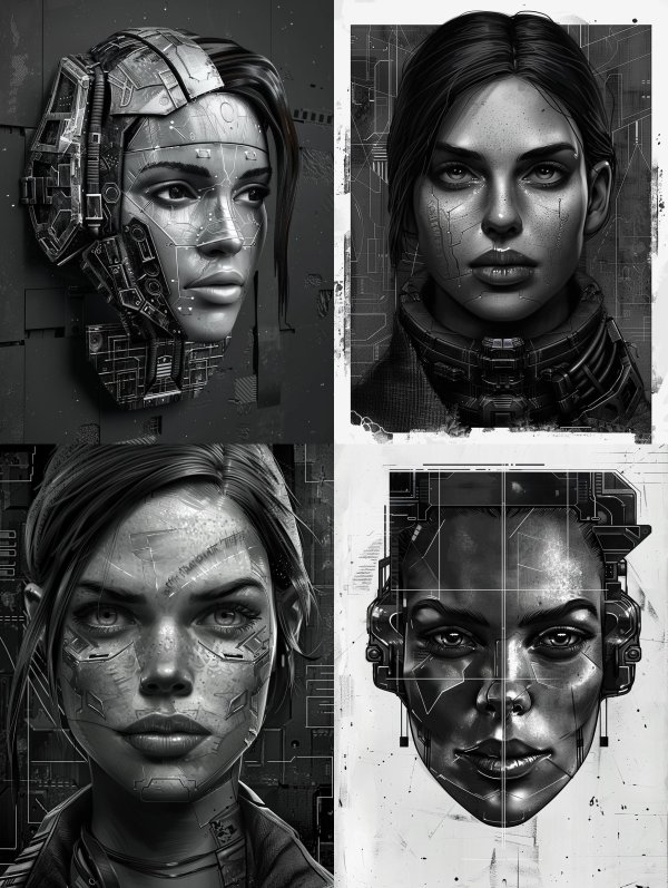 Monochrome Cybernetic Humanoid Portrait