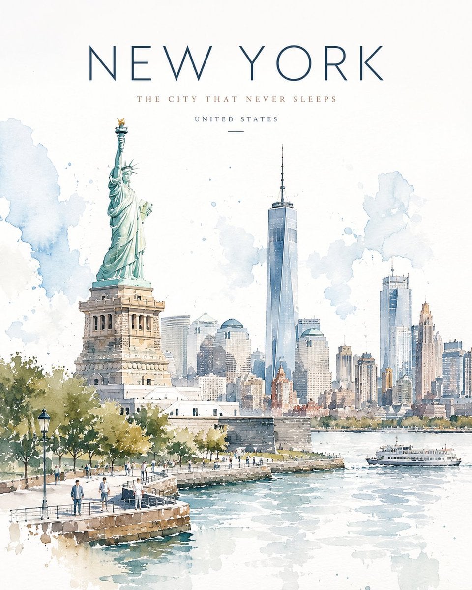 Minimalist watercolor travel poster illustration of [Loca... - alternate