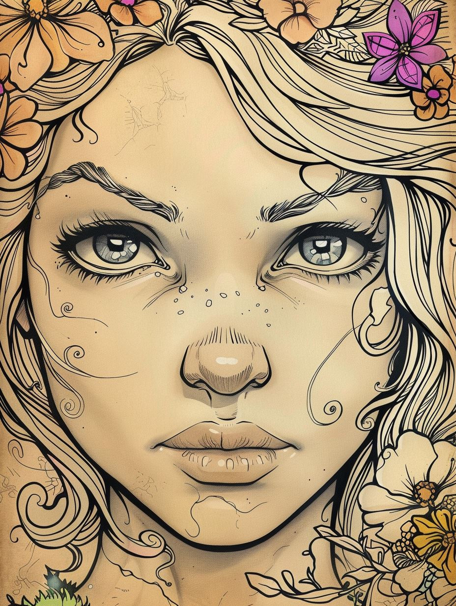 Ethereal Floral Line Art Portrait
