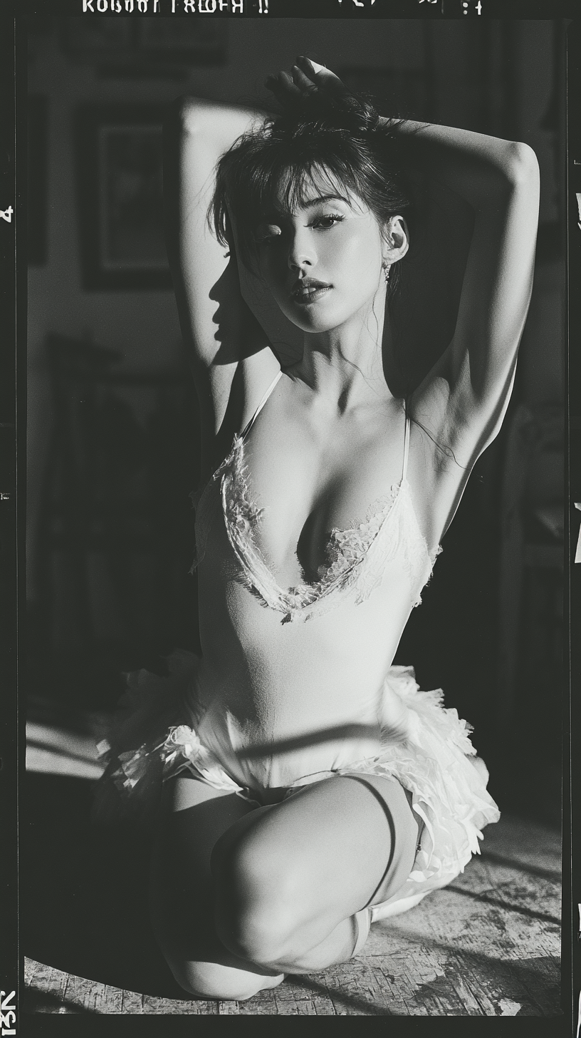 a black-and-white studio portrait of a Japanese ballerina...