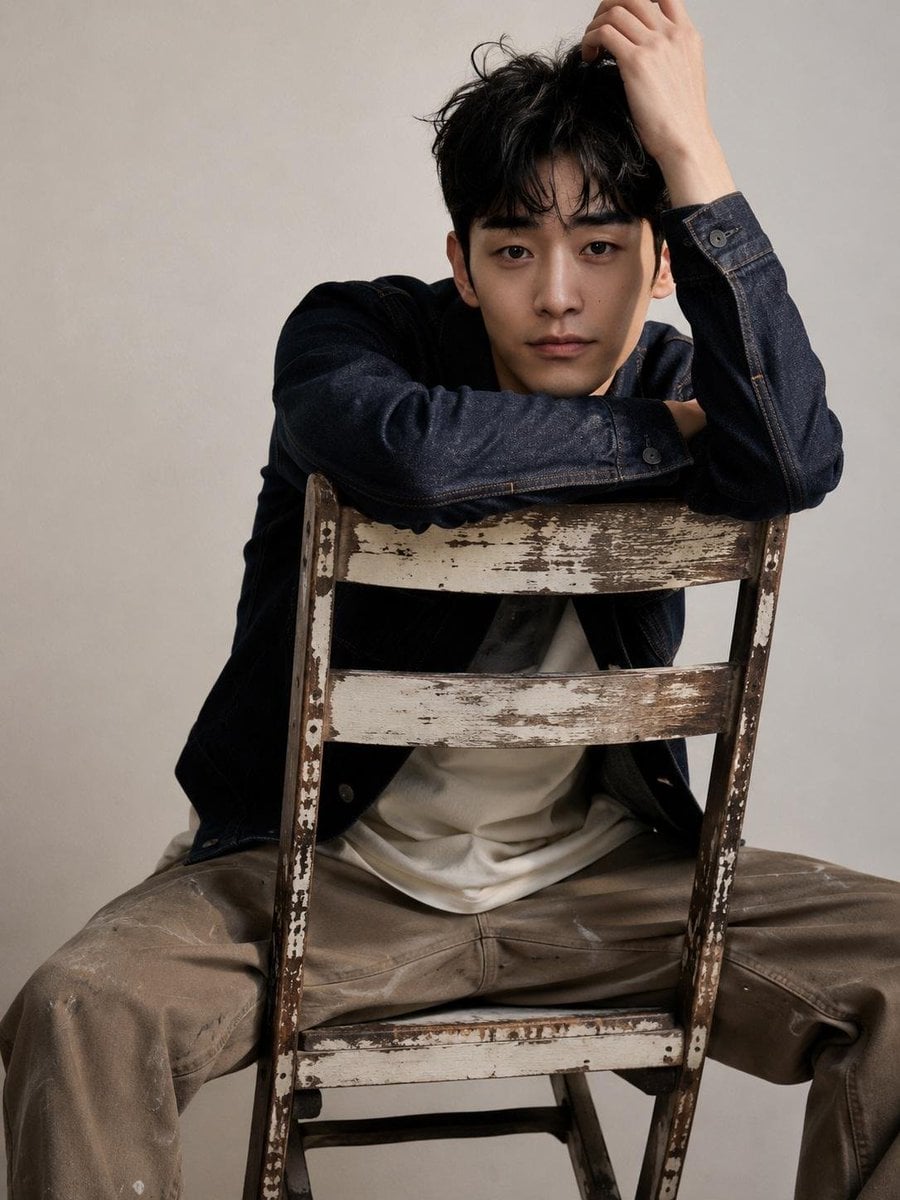 Editorial Studio Portrait with Wooden Chair Obstruction - alternate