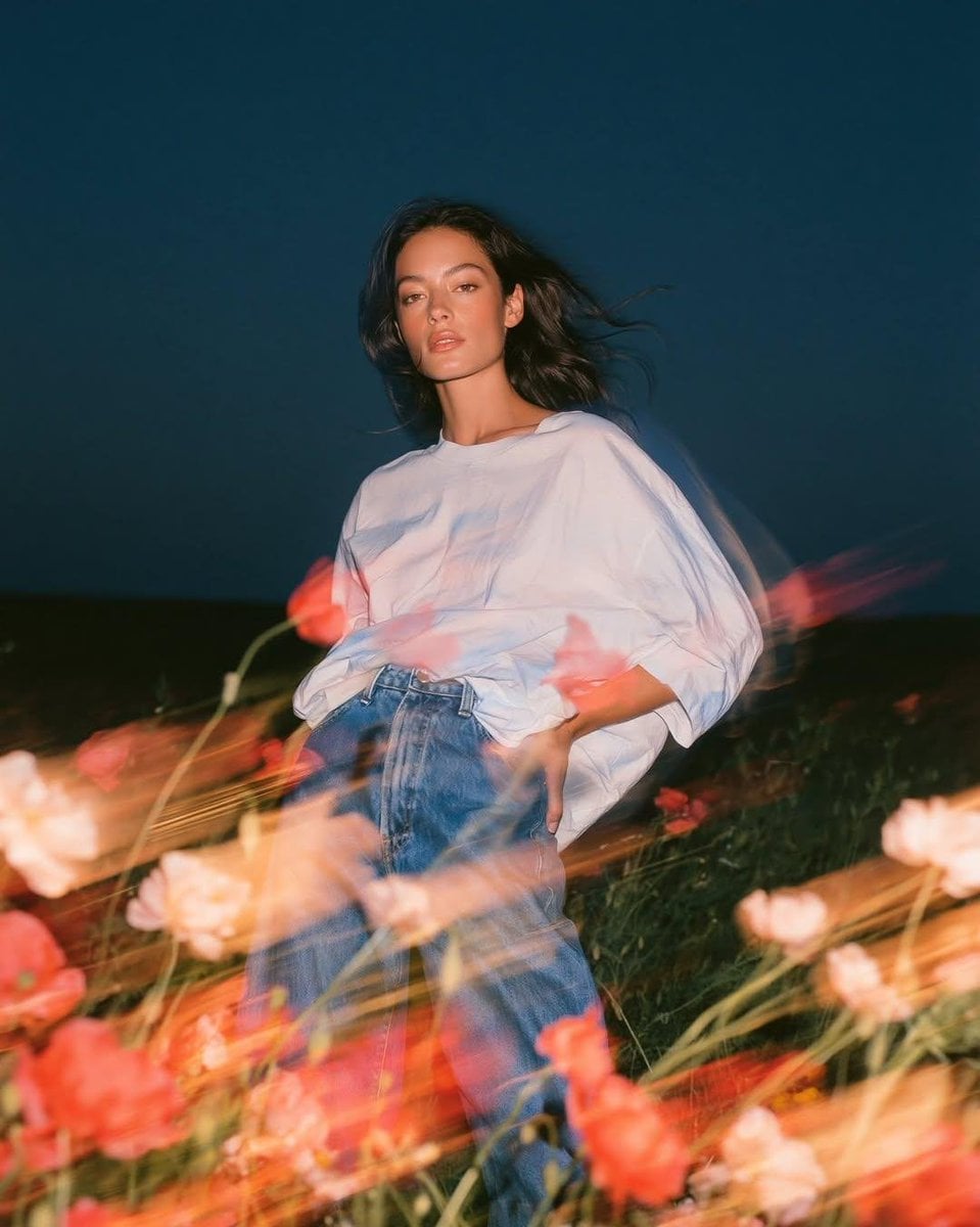 Create a cinematic fashion editorial portrait at blue hou... - alternate