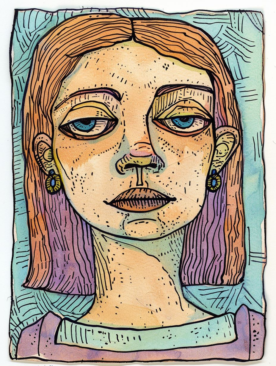 Whimsical Ink Portrait of Melancholy