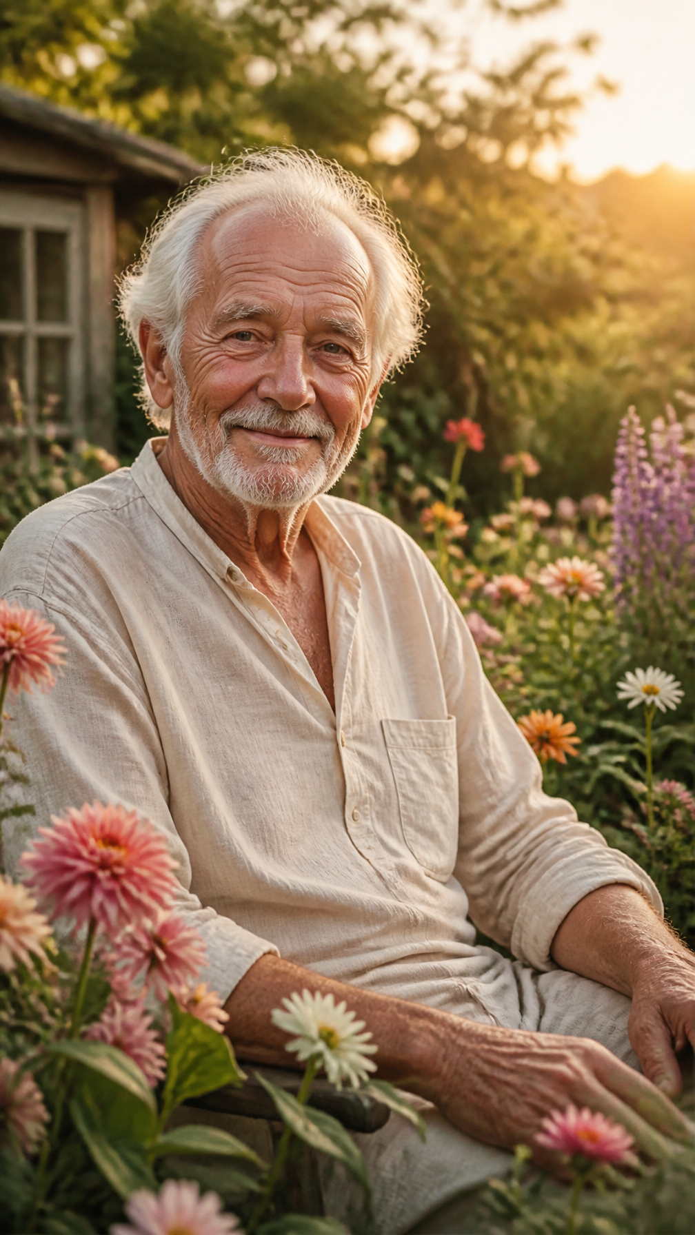 A gentle-faced elderly man with white hair and laugh line...