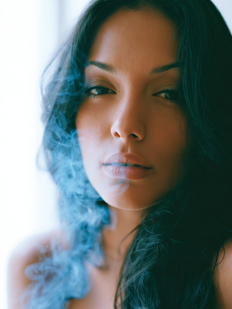 close-up of a young woman with pale blue smoke curling fr... - alternate