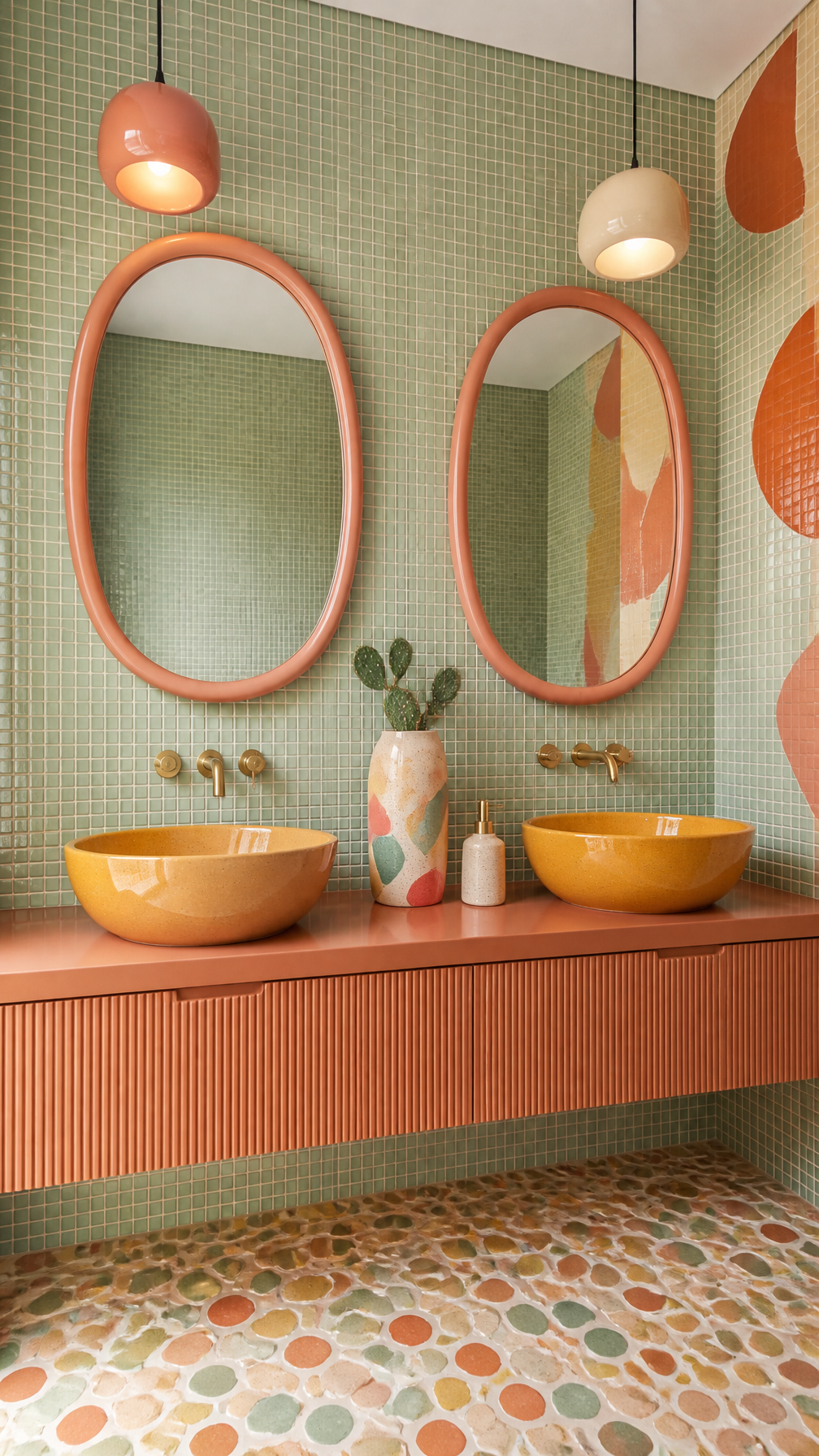Scene: Bright playful modern bathroom interior with small...