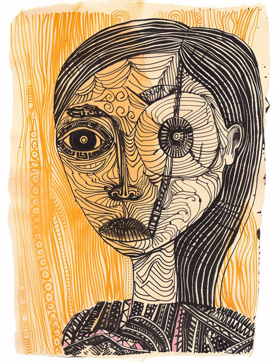 Hatched Portrait in Amber Tones