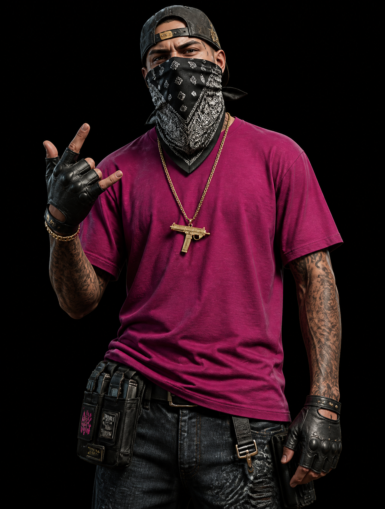 A stylized street-culture character is captured in a dyna...