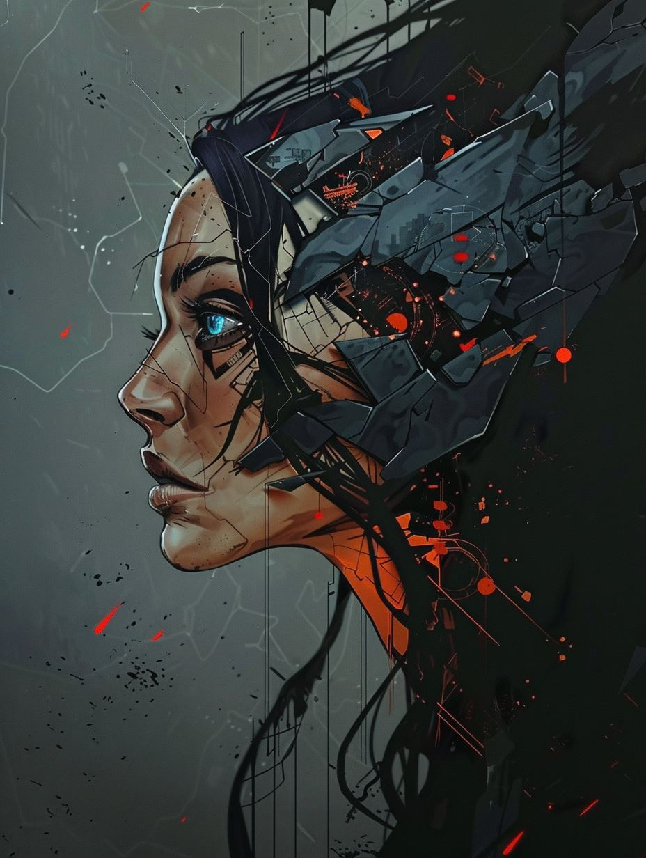 Fragmented Cybernetic Soul Portrait