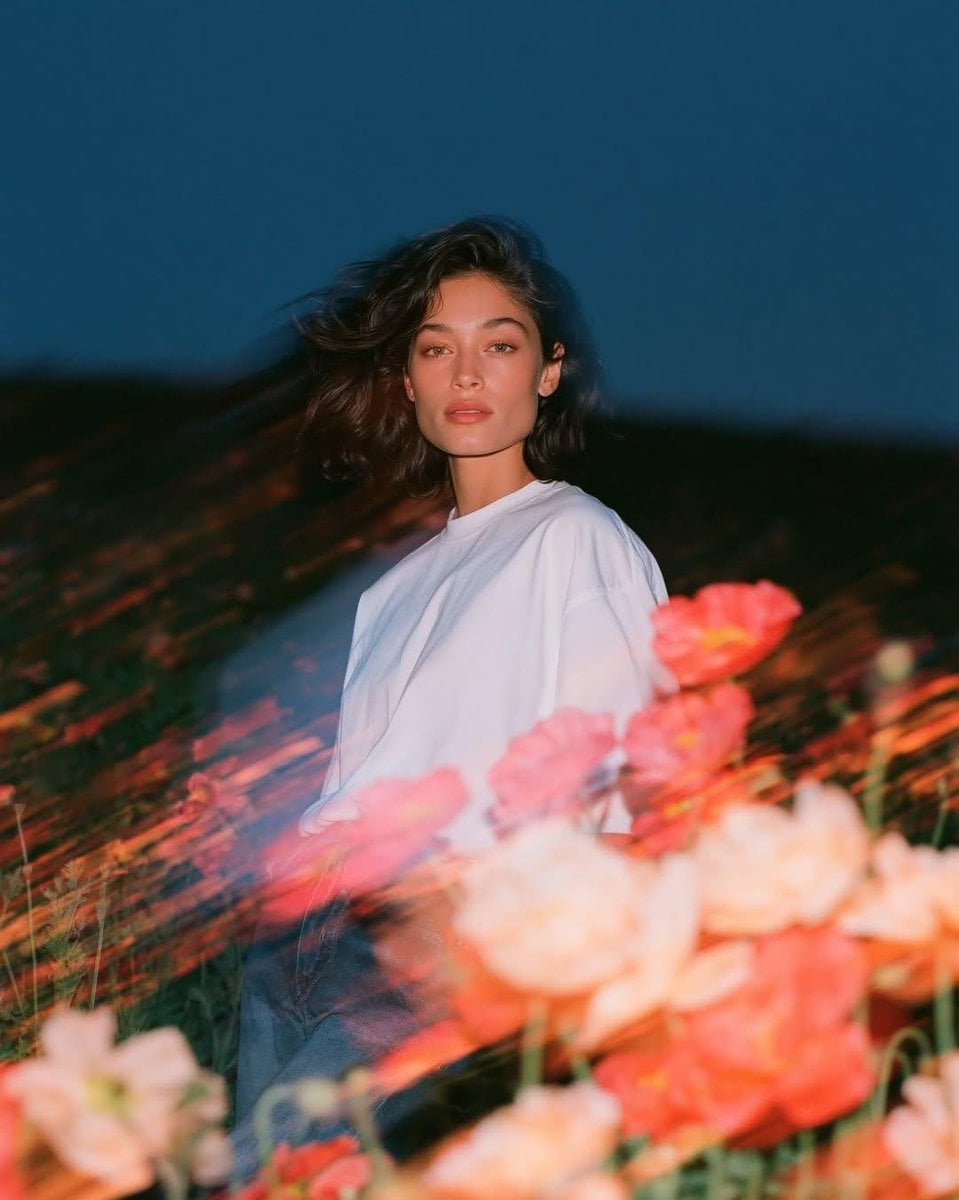 Create a cinematic fashion editorial portrait at blue hou... - alternate