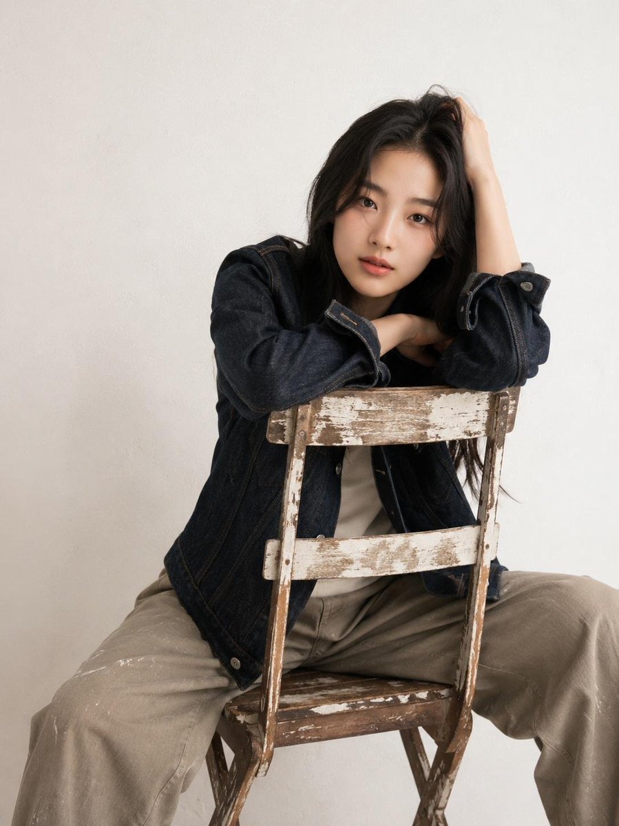 Editorial Studio Portrait with Wooden Chair Obstruction