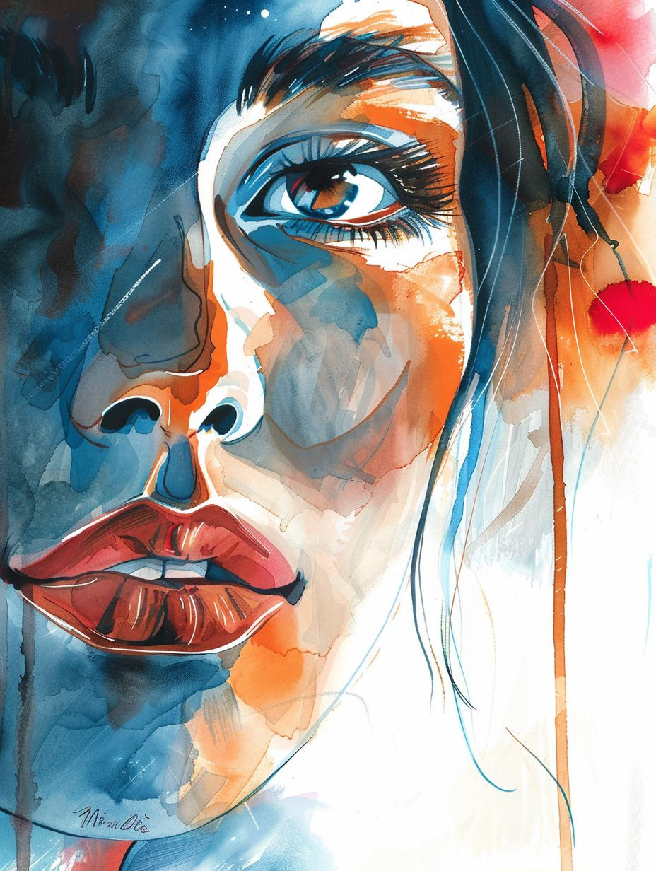 Abstract Watercolor Portrait in Blue