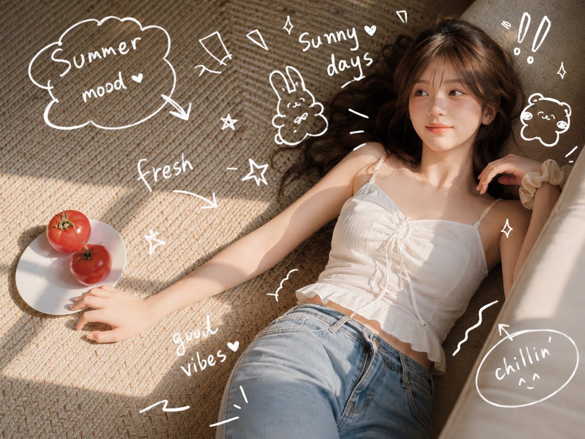 Summer Glow: Playful Girl with Tomatoes and Doodles