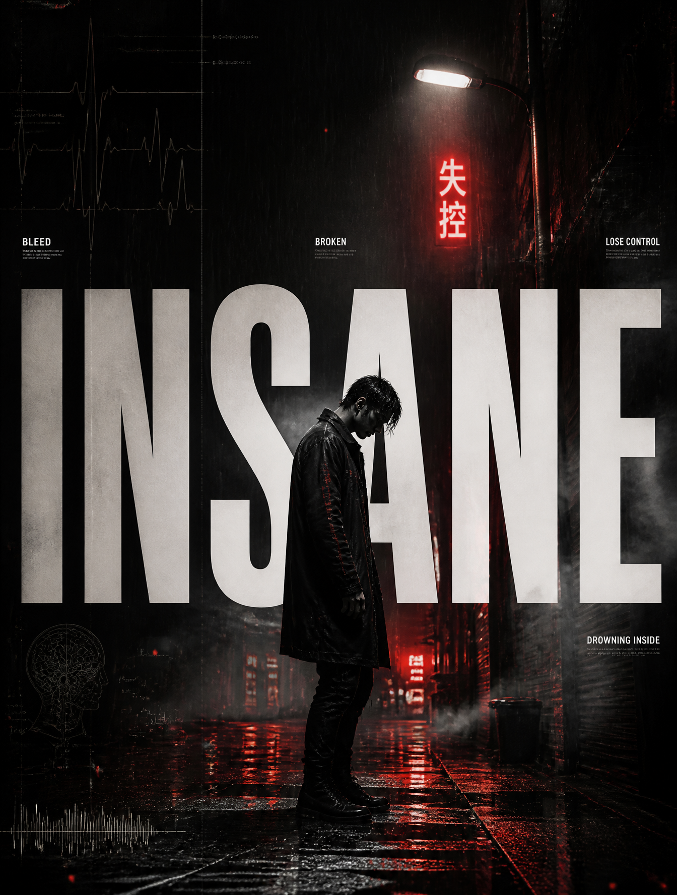 A cinematic professional music cover titled "INSANE", fea...