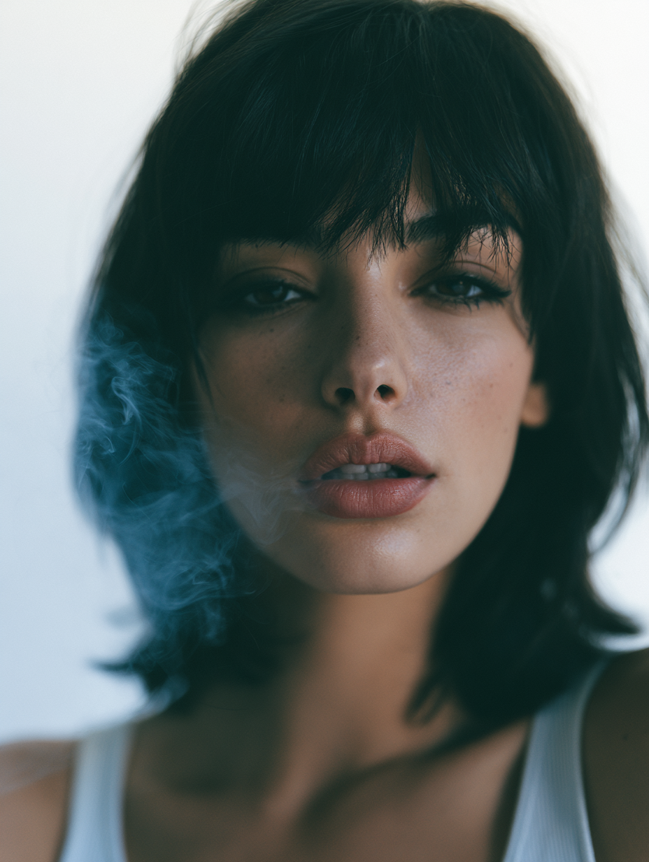 close-up of a young woman with pale blue smoke curling fr...