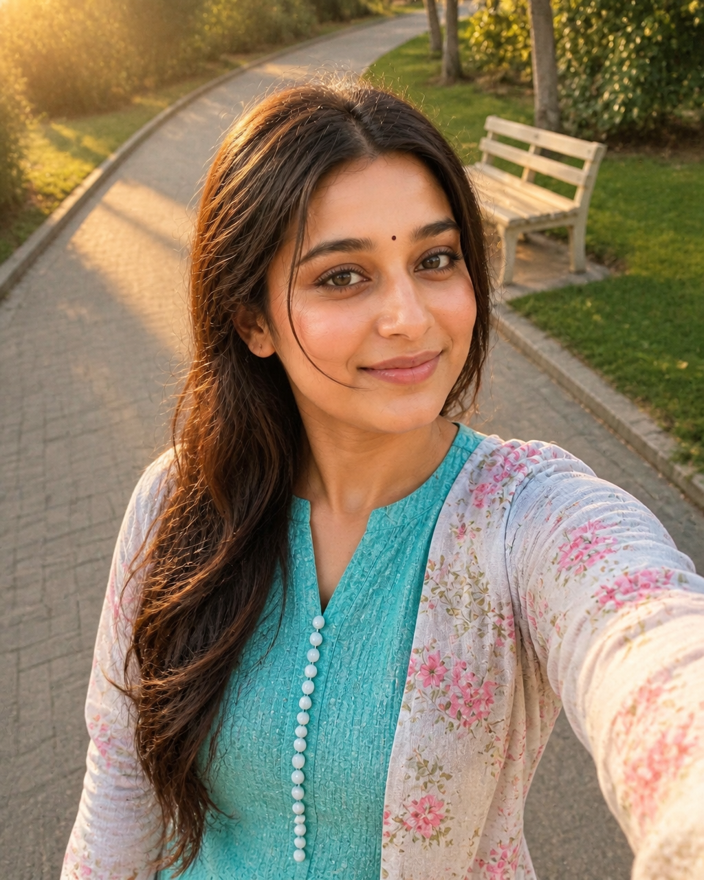 A young South Asian woman takes a high-angle smartphone s...
