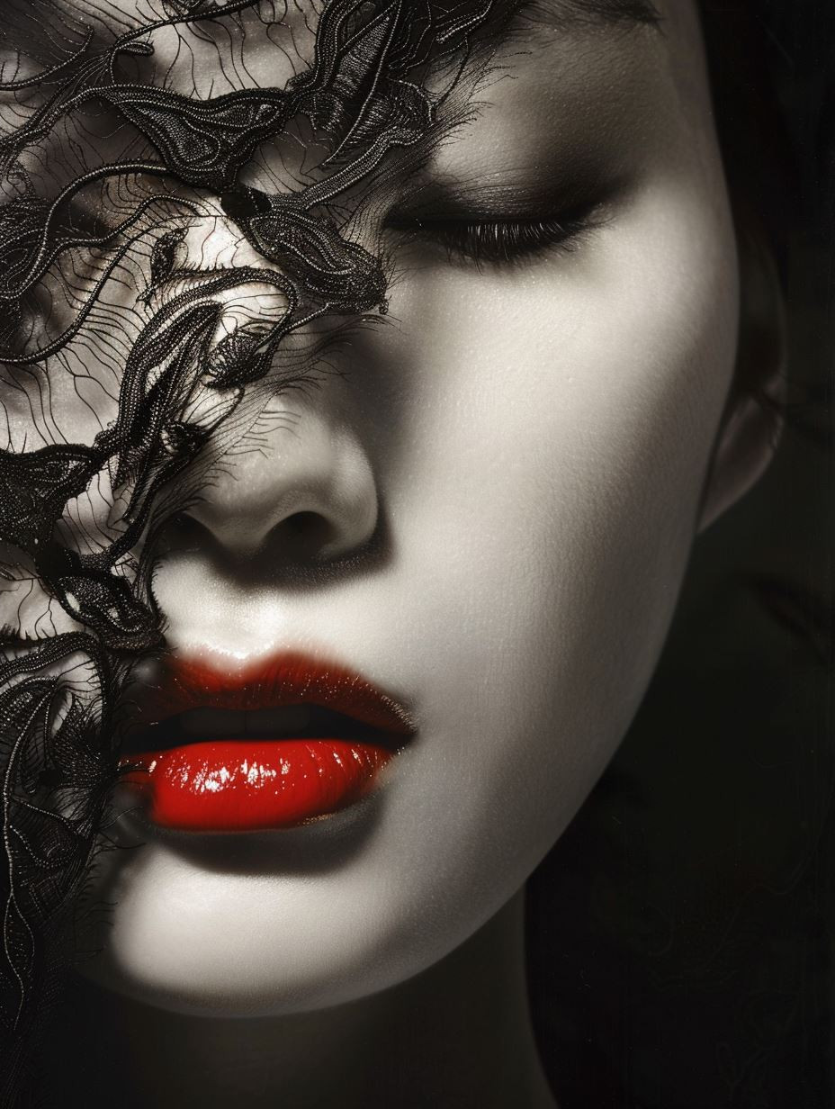 Crimson Lips in Noir Shadow