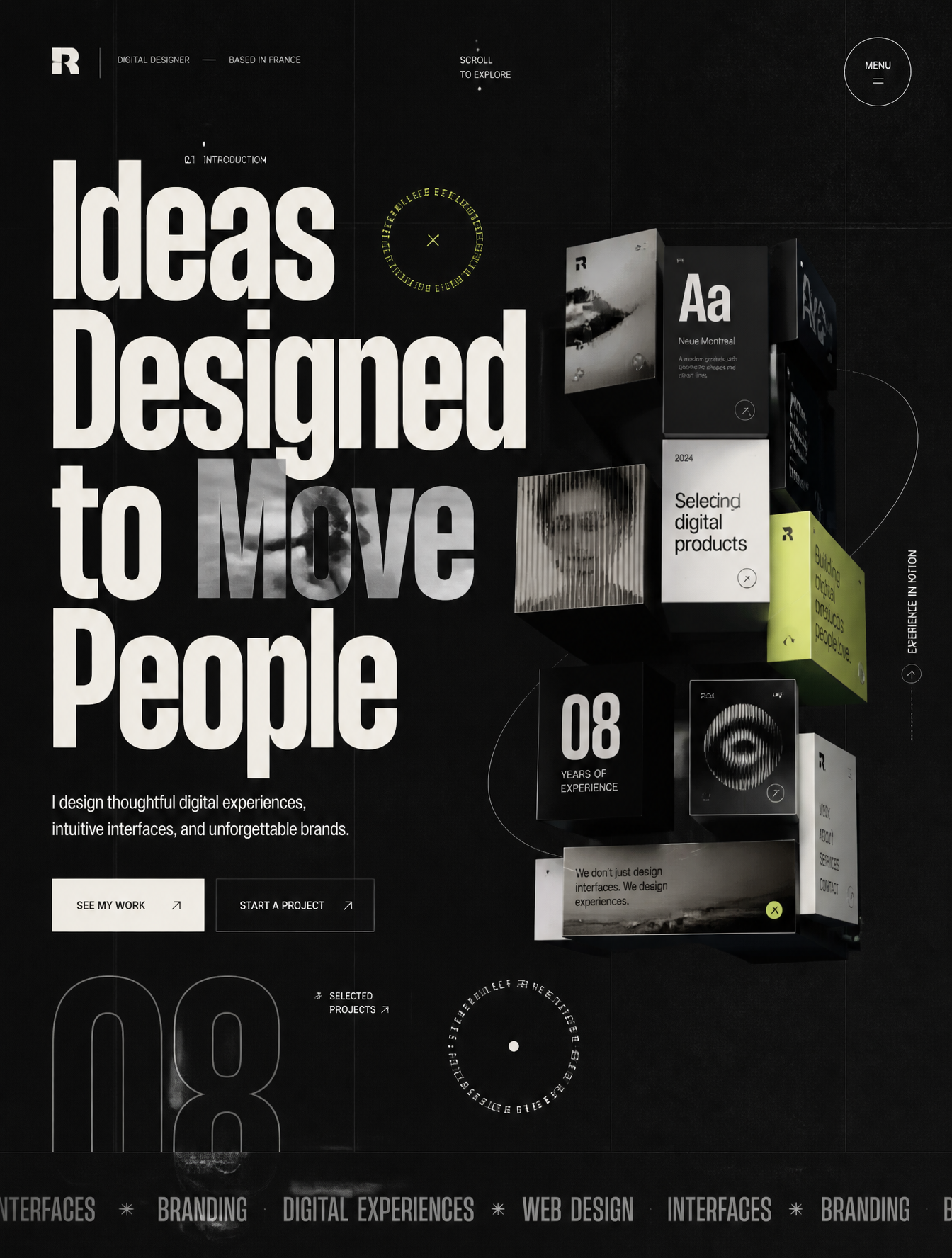 Design a unique portfolio hero section that combines mode...