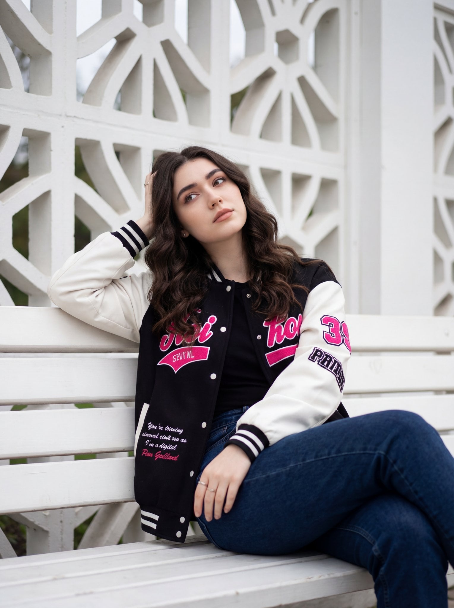 Urban Streetwear Portrait on White Lattice Bench