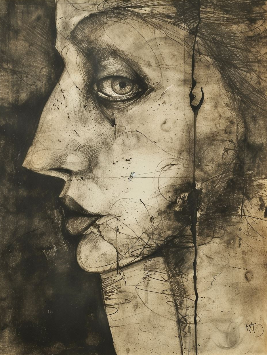 Melancholy Ink and Charcoal Portrait