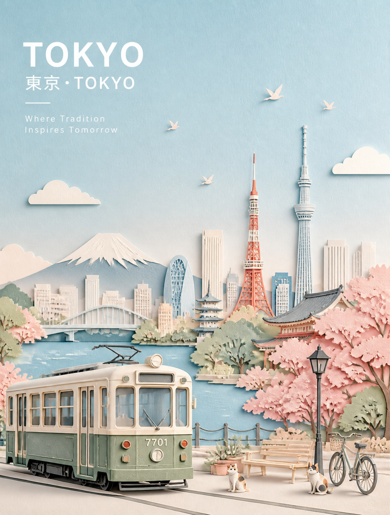 创作一幅精美的[日本东京]宽幅风景旅行海报插画。核心概念：将城市描绘成一幅宁静、优雅、风格化的粉彩纸拼贴画，将城市...