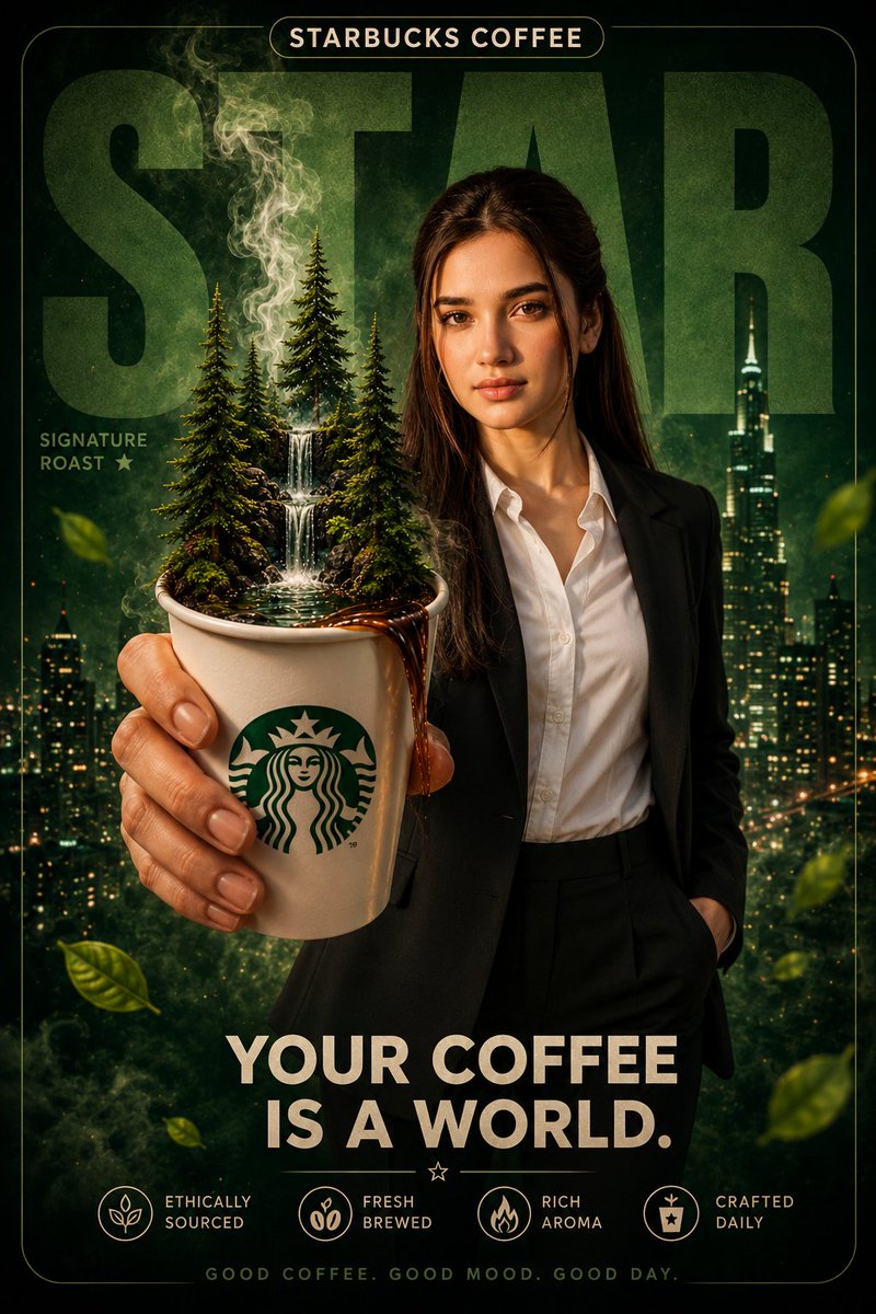 A premium cinematic Starbucks-style coffee advertising po...