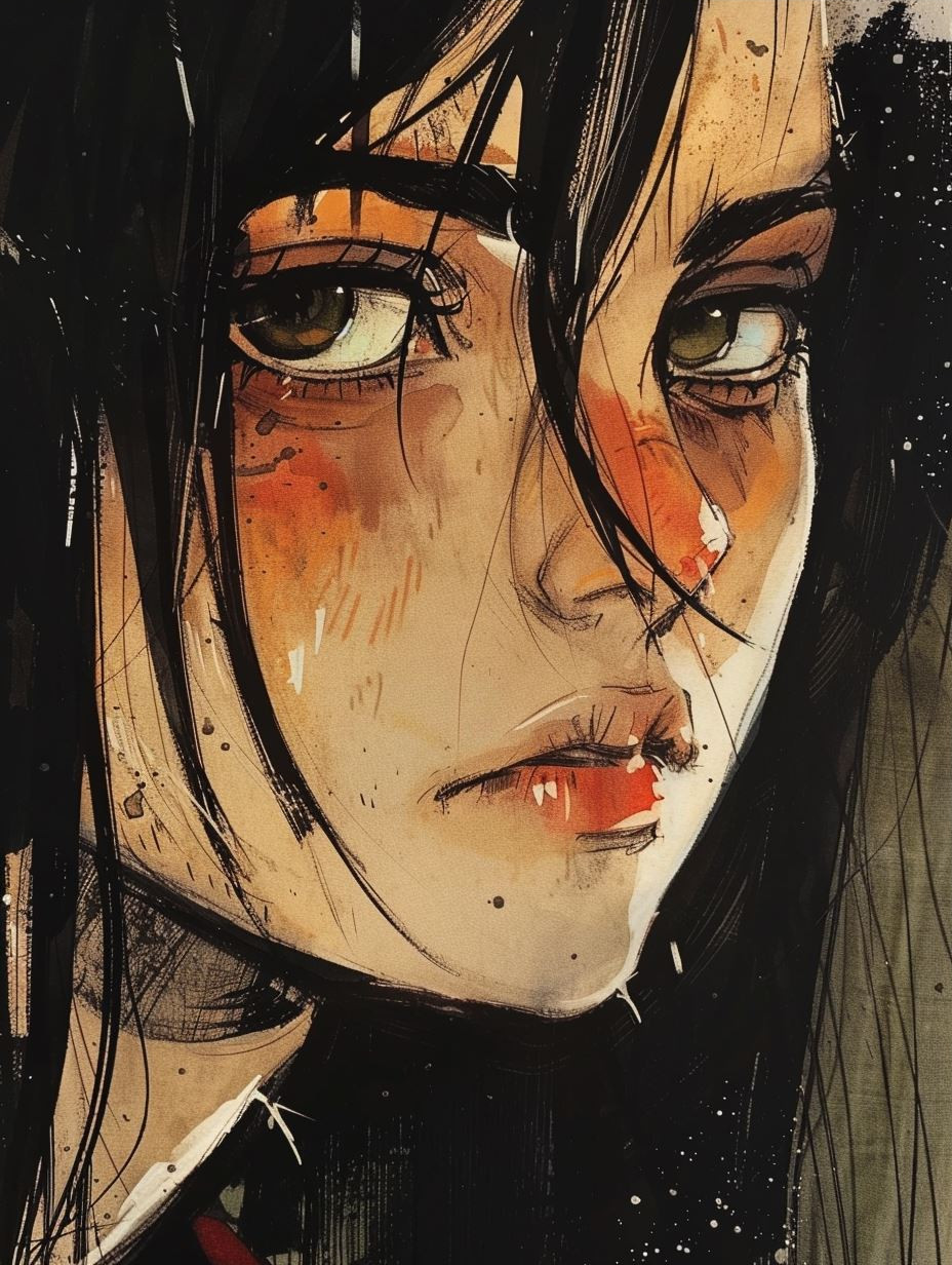 Melancholic Ink and Watercolor Portrait