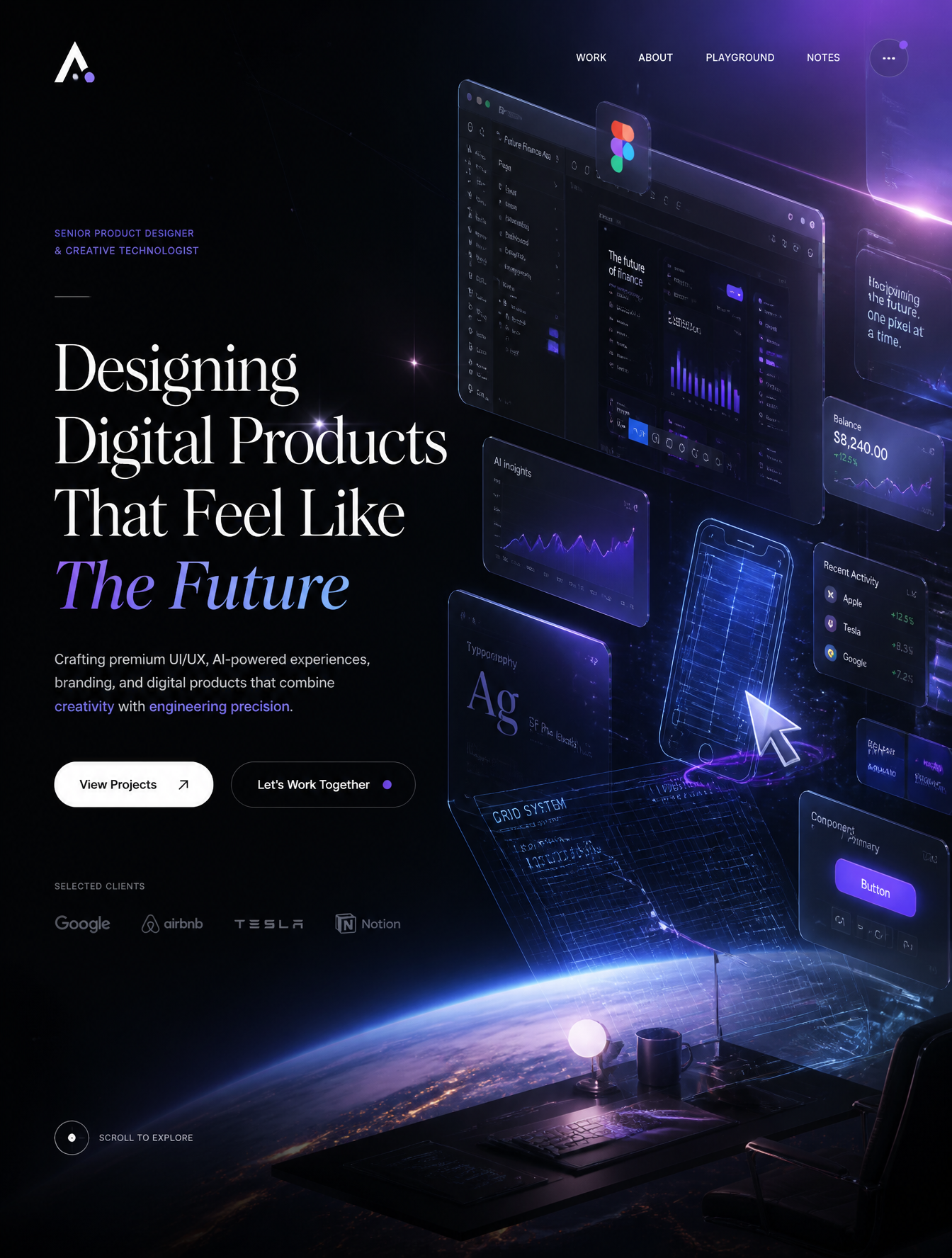 Design an award-winning hero section for a personal portf...