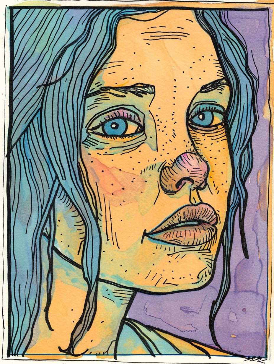 Whimsical Ink Portrait of Melancholy