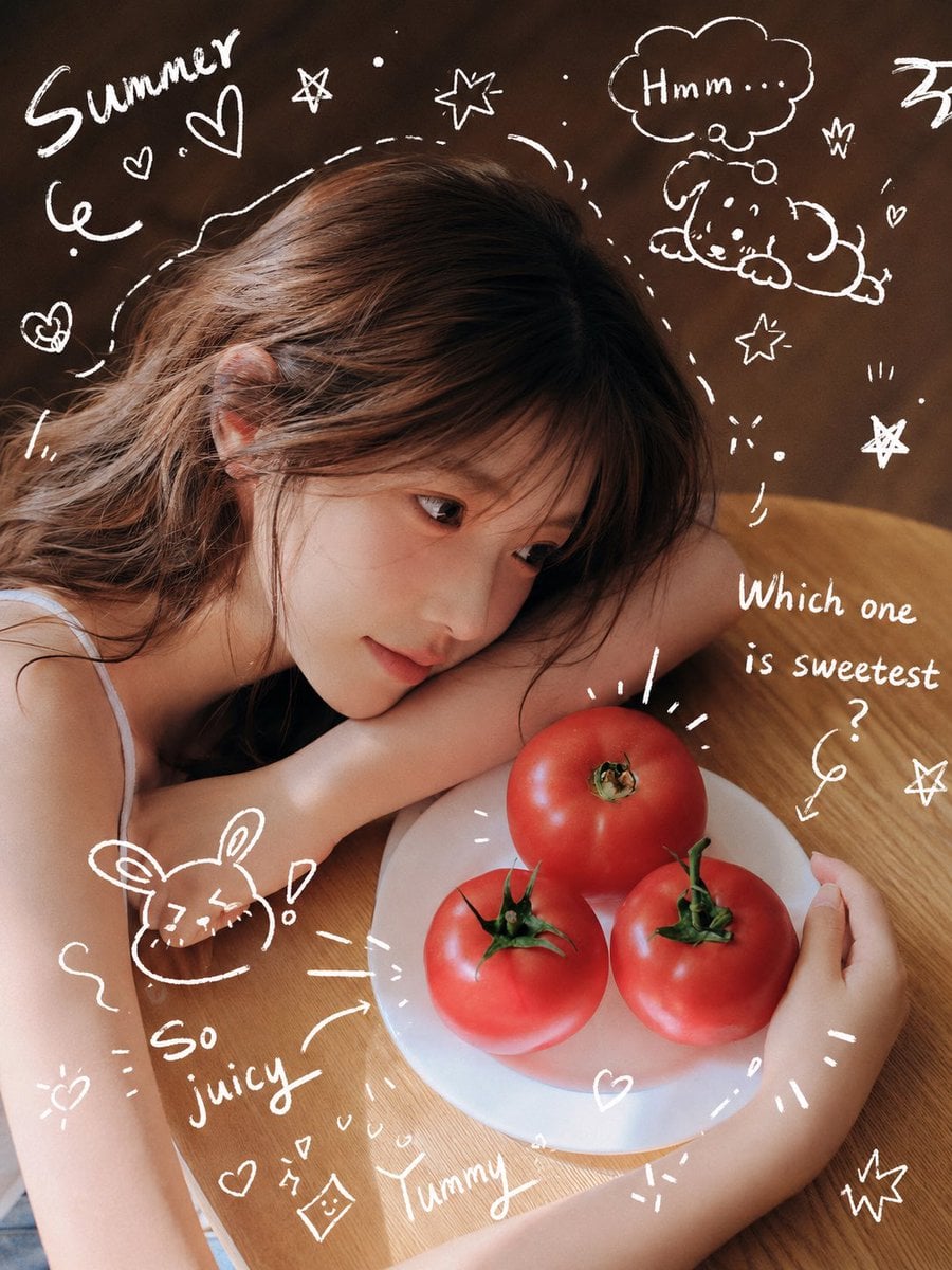 Summer Glow: Playful Girl with Tomatoes and Doodles - alternate