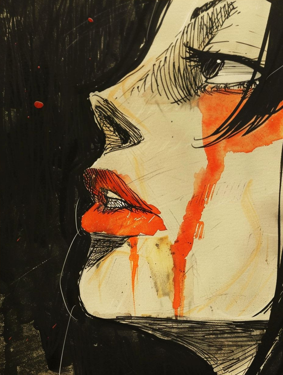 Melancholic Ink and Watercolor Portrait