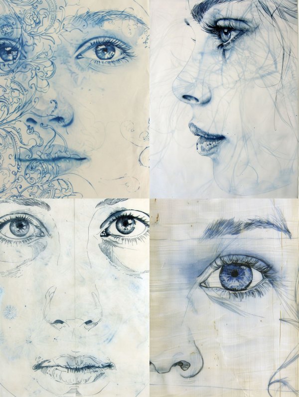 Ethereal Blue Ink Portrait Studies