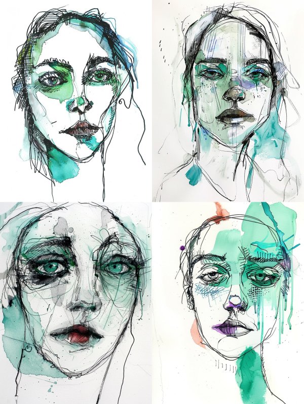 Abstract Ink and Watercolor Portrait