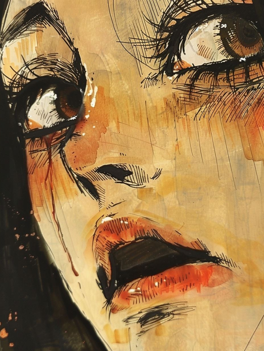 Melancholic Ink and Watercolor Portrait