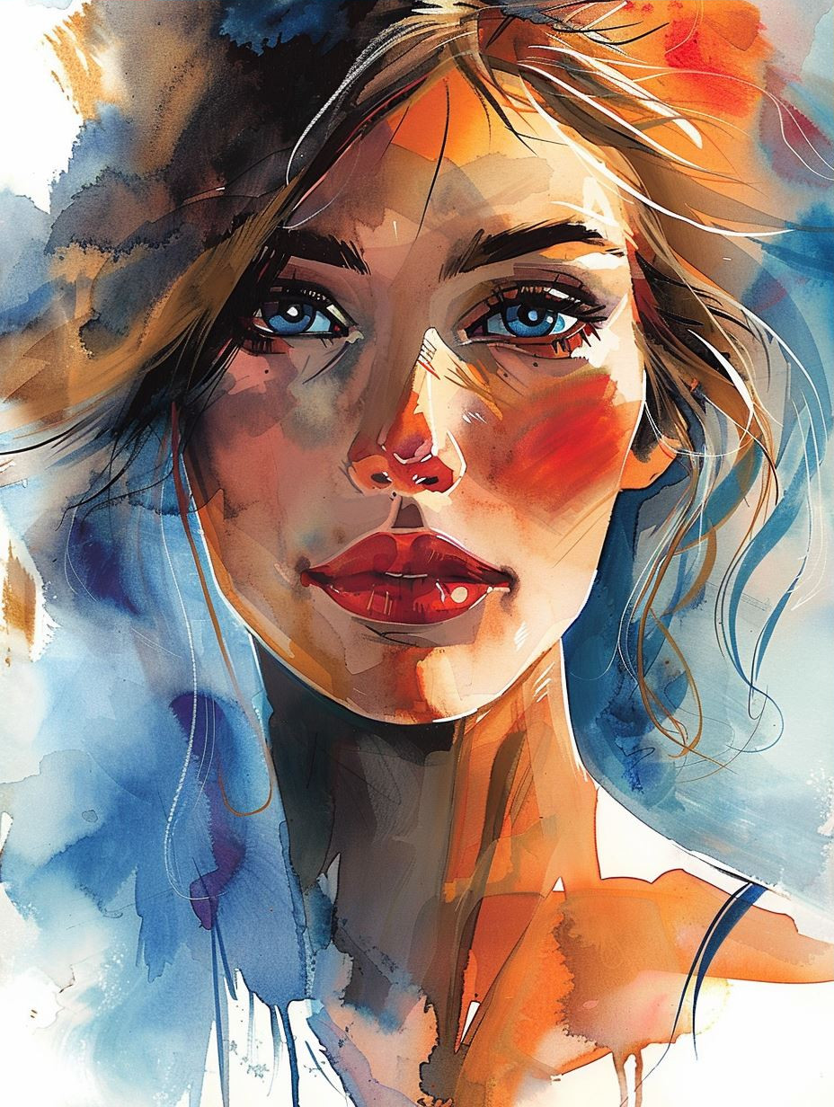 Abstract Watercolor Portrait in Blue