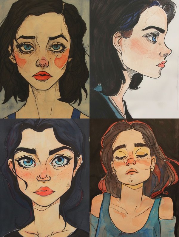 Melancholic Ink and Watercolor Portrait