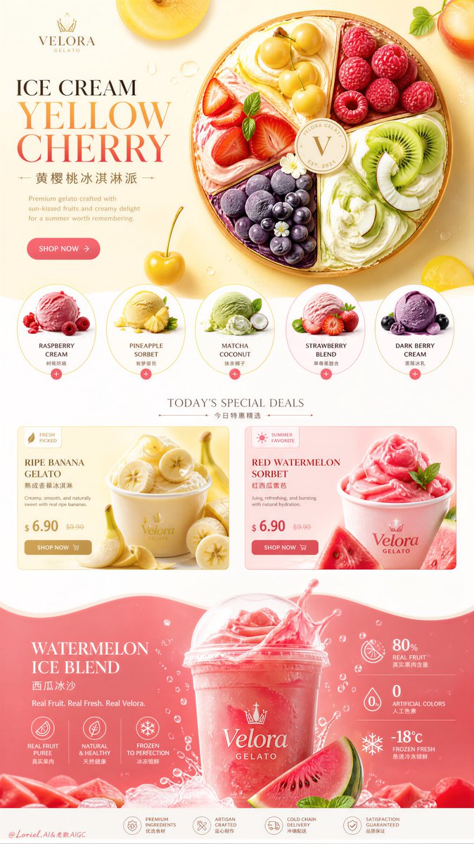 Create an ultra-premium ice cream brand e-commerce detail...
