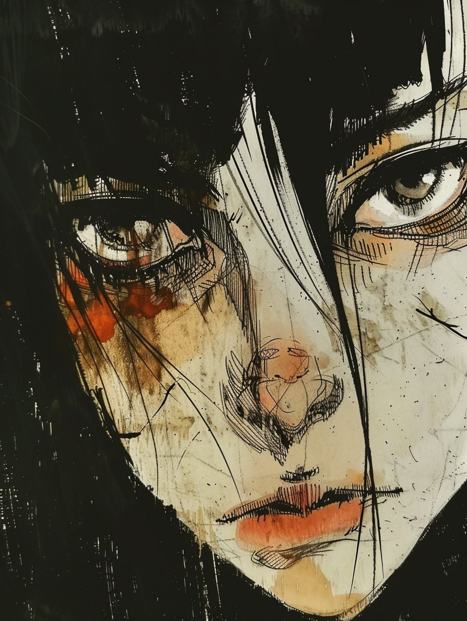 Melancholic Ink and Watercolor Portrait