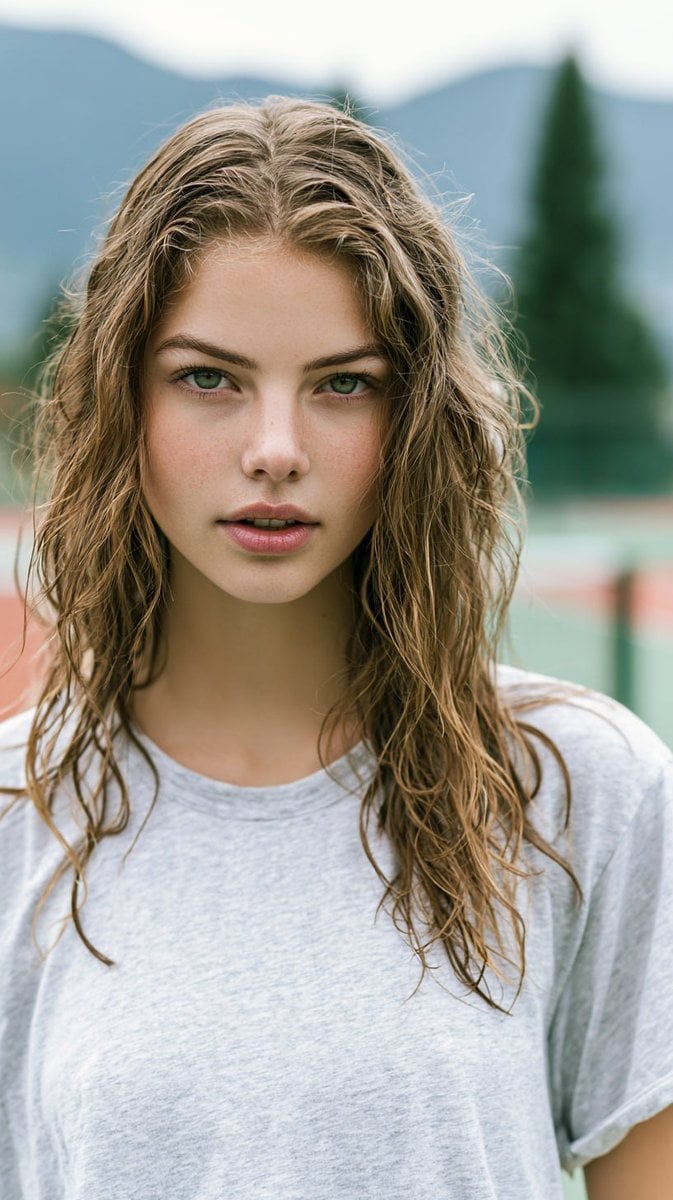 A photorealistic portrait of a stunning young woman on a ...