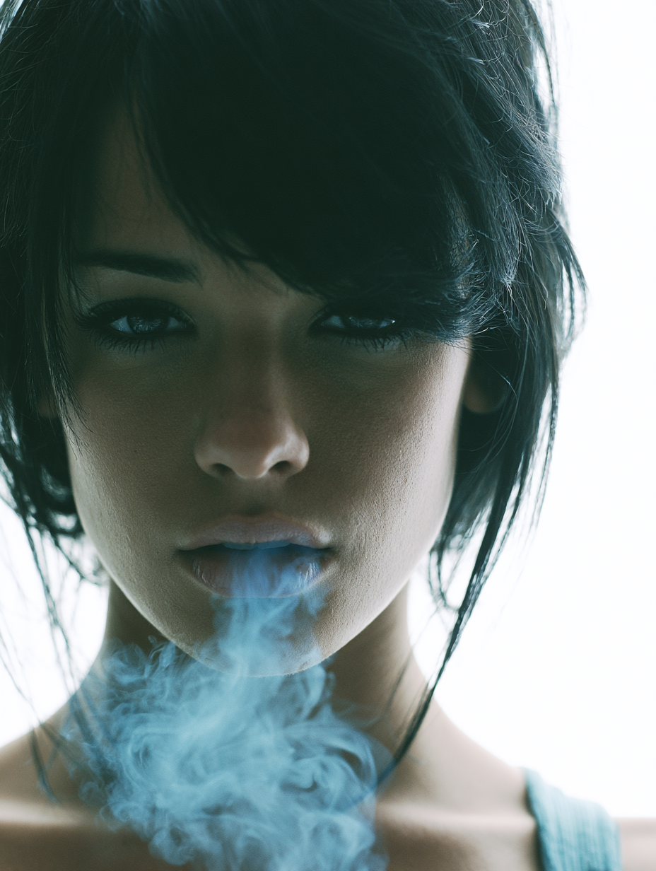 close-up of a young woman with pale blue smoke curling fr... - alternate