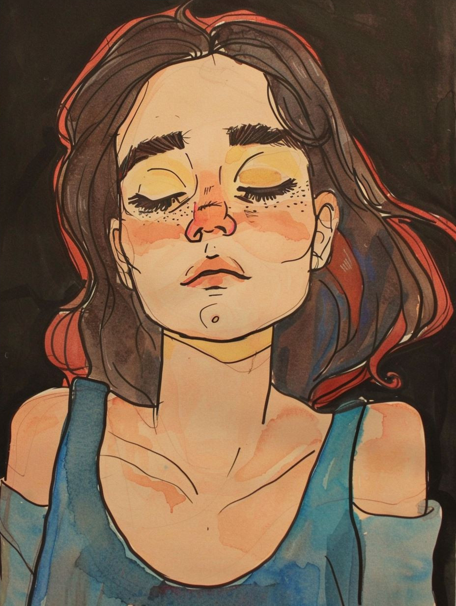 Melancholic Ink and Watercolor Portrait