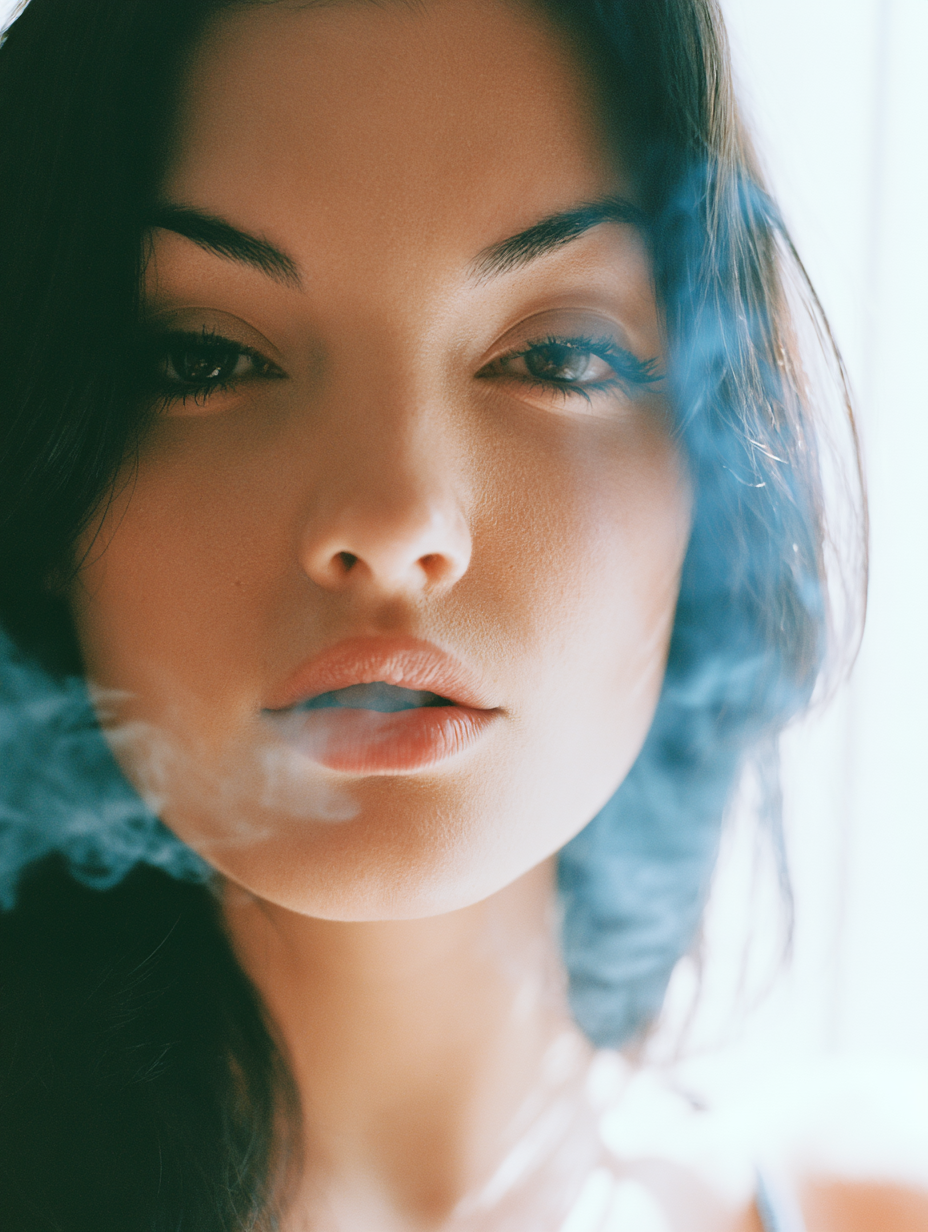 close-up of a young woman with pale blue smoke curling fr... - alternate