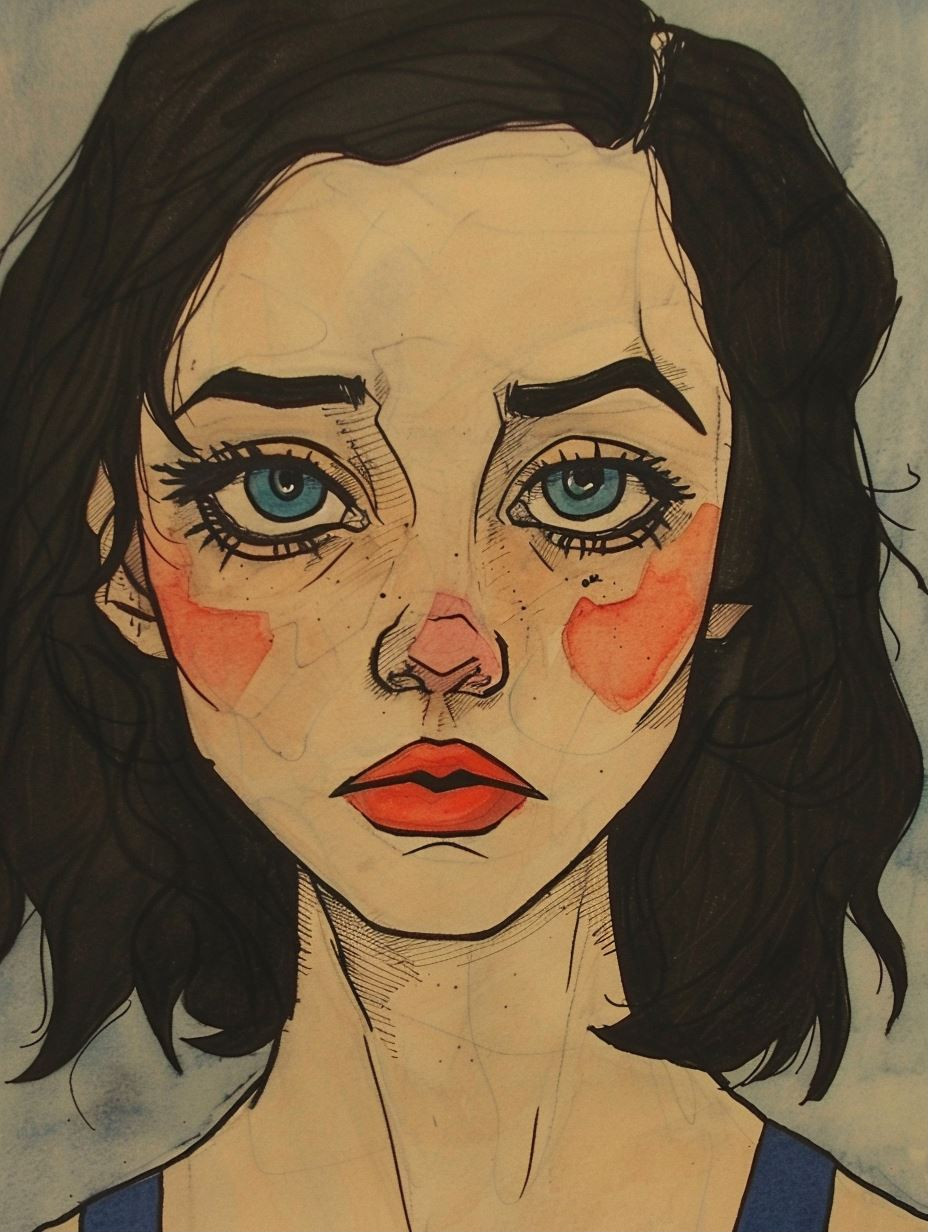 Melancholic Ink and Watercolor Portrait