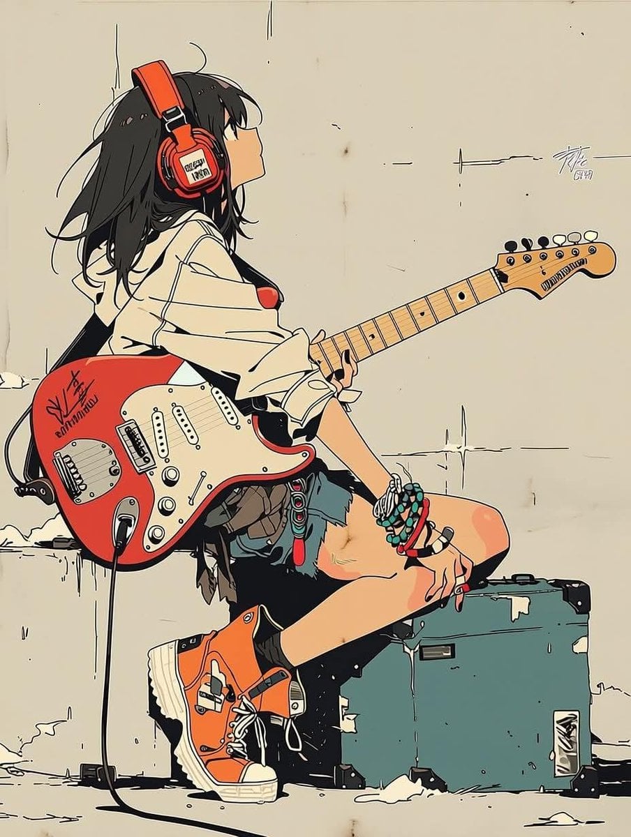 Lofi Indie Girl with Coral Stratocaster