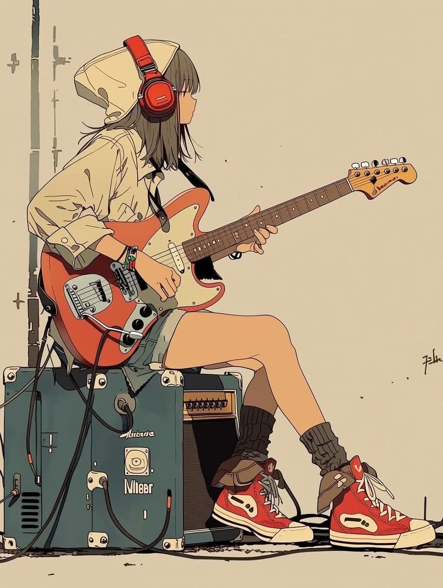 Lofi Indie Girl with Coral Stratocaster - alternate
