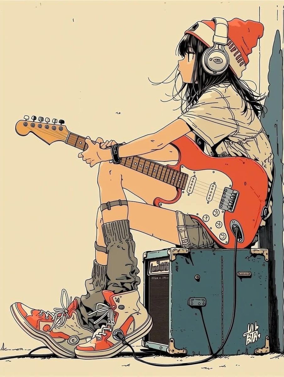 Lofi Indie Girl with Coral Stratocaster - alternate