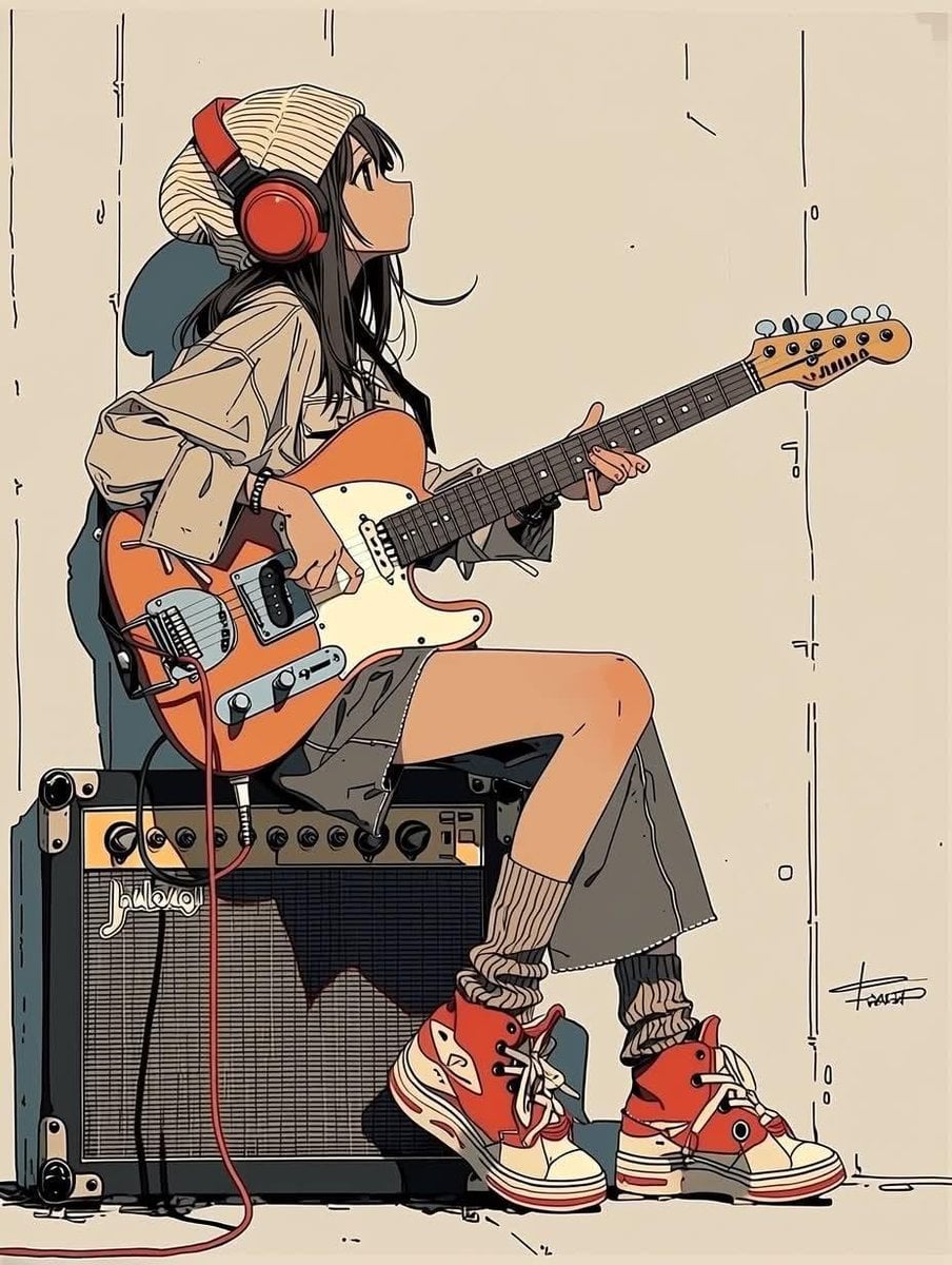 Lofi Indie Girl with Coral Stratocaster - alternate