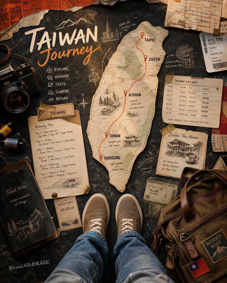 Cinematic Taiwan Travel Planning Flat-Lay Poster - alternate