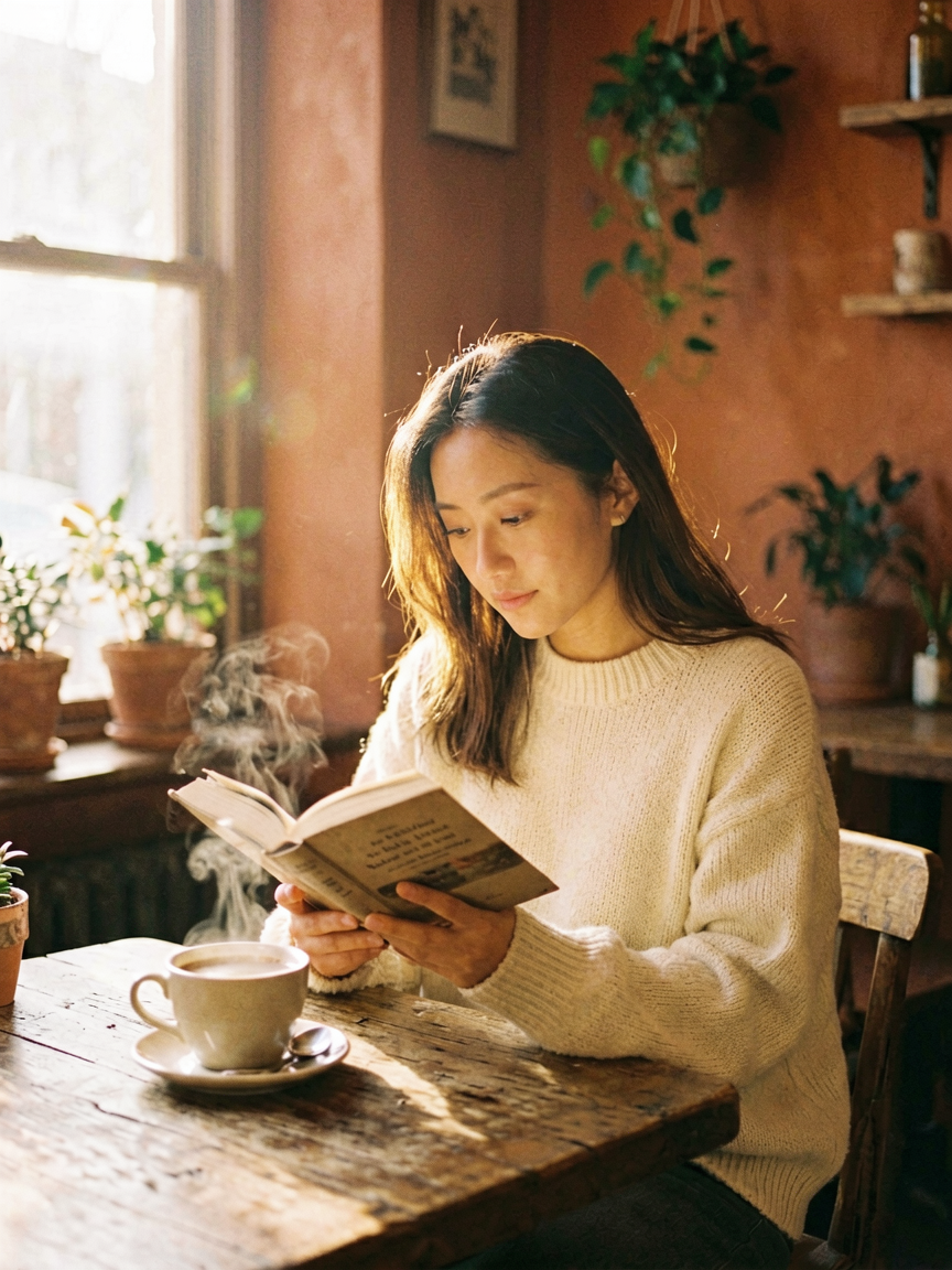 Quiet Morning Reading in Sunlit Café
