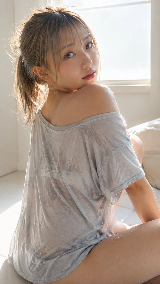 Candid Sunlit Portrait of a Young Japanese Woman in Oversized Gray Tee